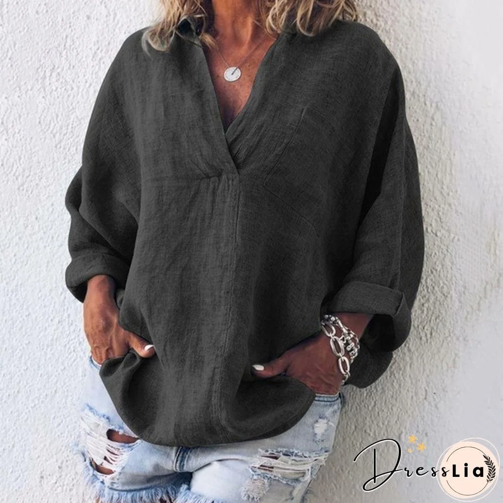 XS-8XL Autumn Tops Plus Size Fashion Clothes Women's Casual Long Sleeve Tee Shirts Deep V-neck Tunic Tops Ladies Blouses Pullover Loose T-shirts Solid Color Linen Blouses