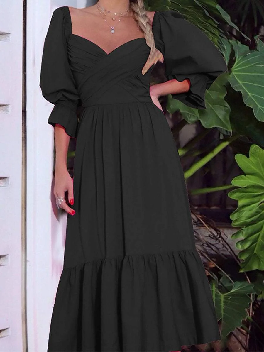 Solid V-Neck Long Sleeve Maxi Dress