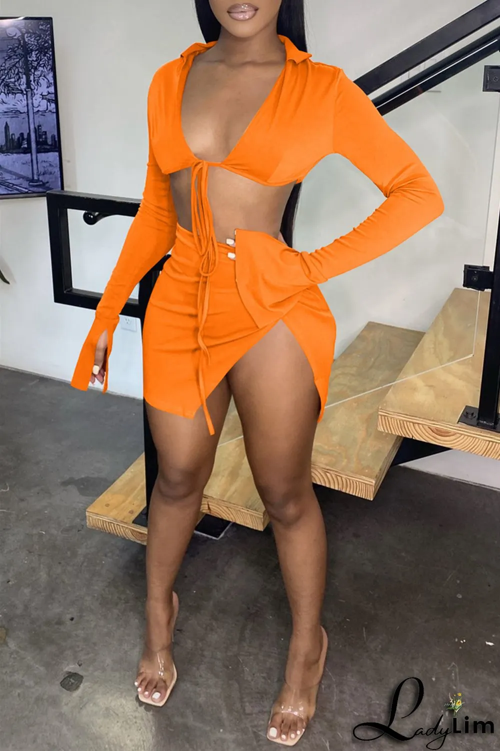 Yellow Fashion Sexy Solid Bandage Slit V Neck Long Sleeve Two Pieces