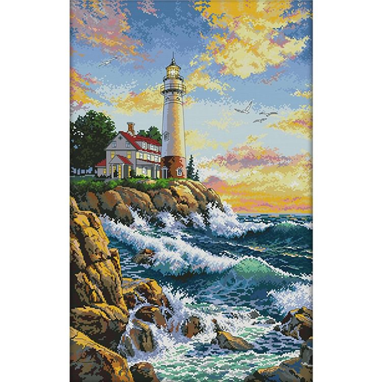 Joy Sunday - Lighthouse Sea - 14CT 2 Strands Threads Printed Cross Stitch Kit - 65x44cm(Canvas)