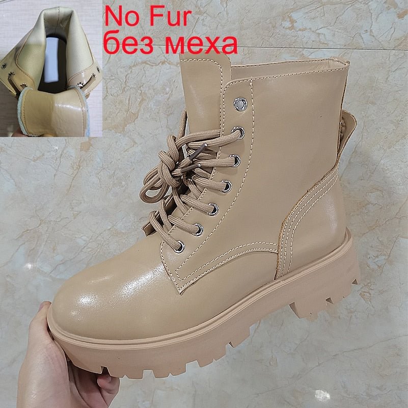 Meotina Women Genuine Leather Motorcycle Boots Round Toe Lace Up Shoes Thick Med Heel Ladies Ankle Boots 2021 Autumn Winter 40
