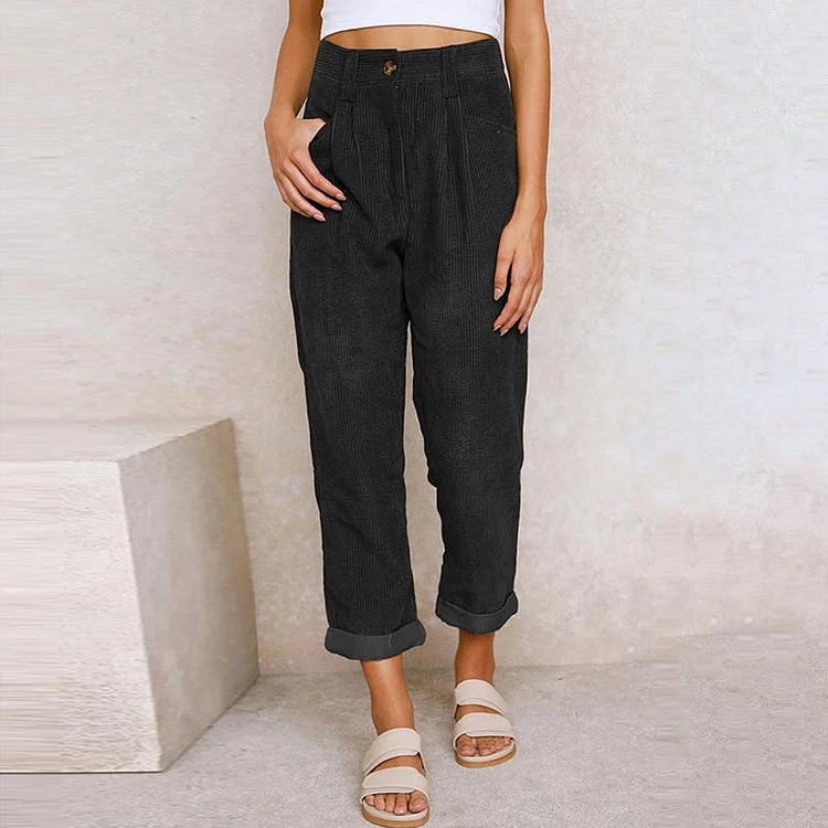 VChics Casual Solid Corduroy Loose Straight Leg Pants