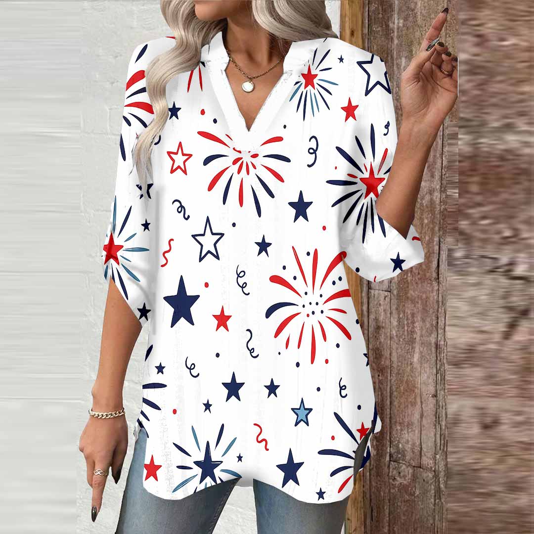 Women  Independence Day, Star, Striped, Blue, Red DZGA0231 3/4 Sleeve V-neck Printed Graphic Button Tops