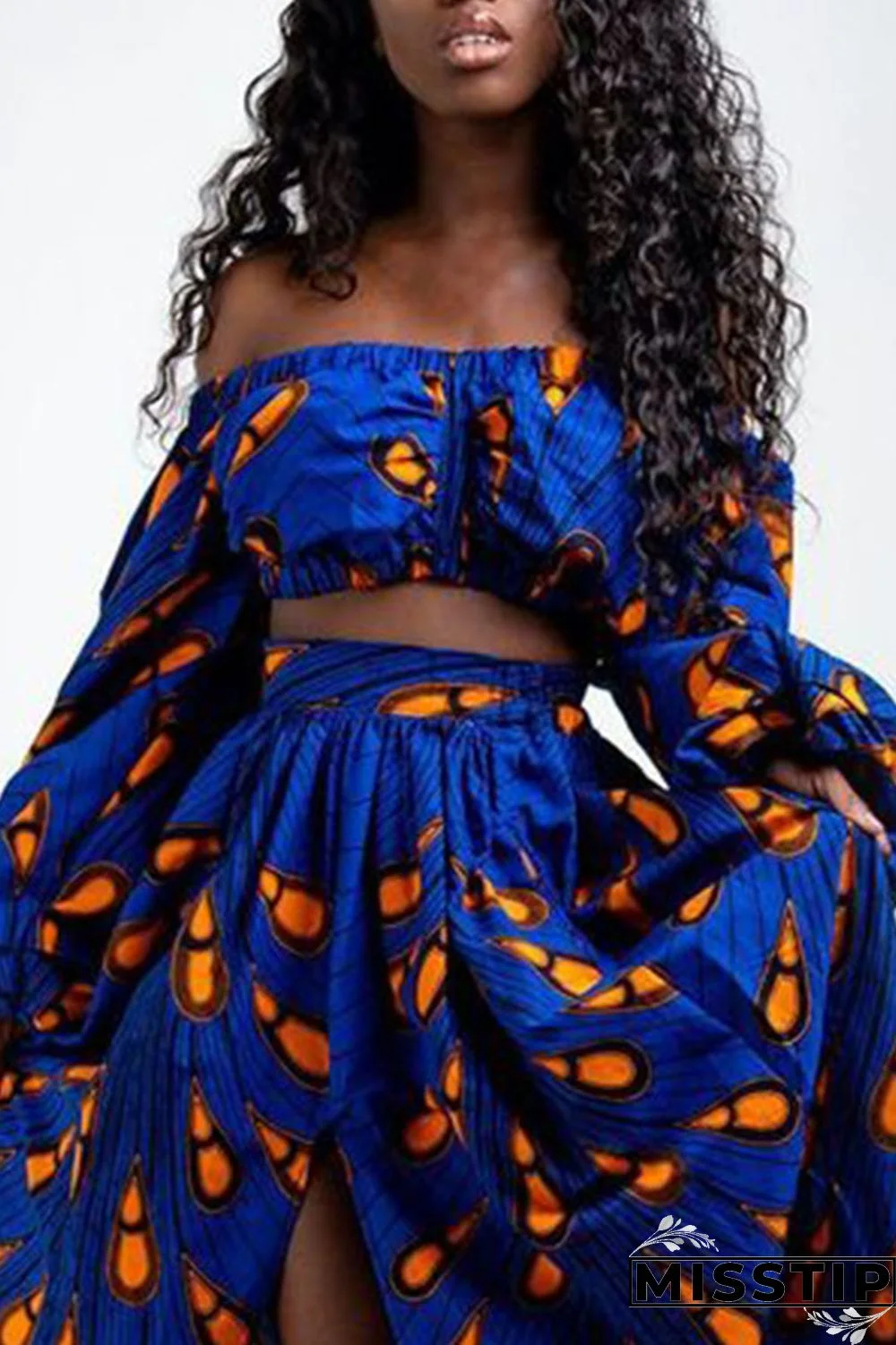 Blue Vintage Elegant Print Patchwork Off the Shoulder Tops
