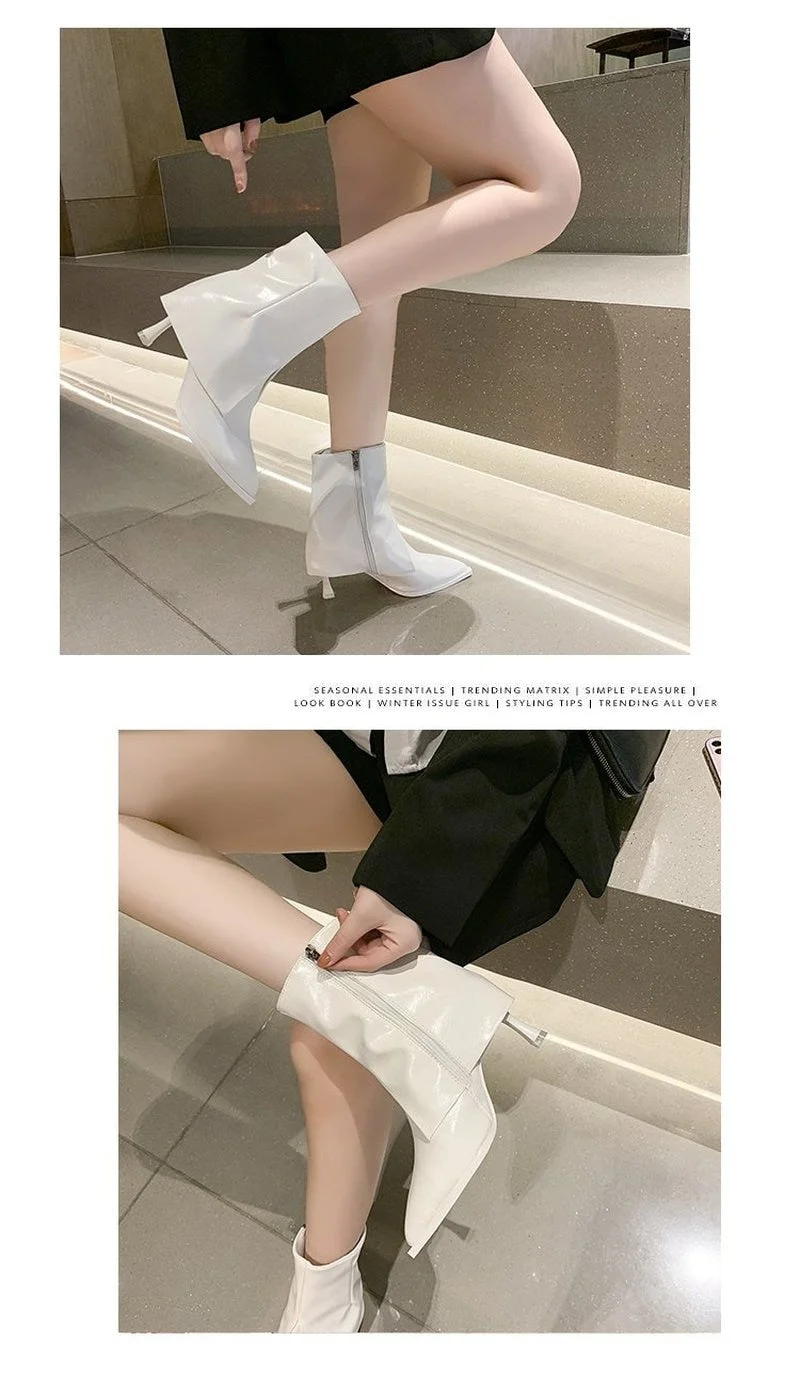 2021 autumn and winter new stiletto Martin boots white high-heeled fashion boots side zipper mid-tube boots chunky boots