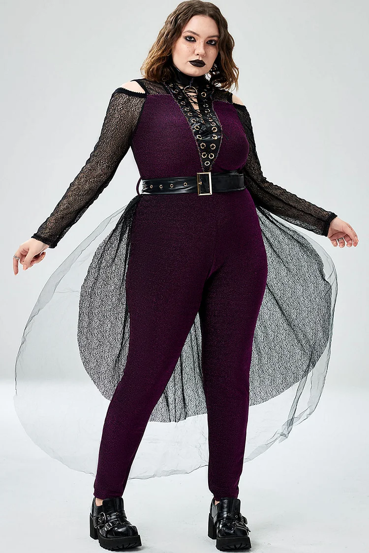 Xpluswear Design Plus Size Halloween Costume Cosplay Purple Witches Lace Up Overlay Skirt Glitter Jumpsuits（Ships 24h）