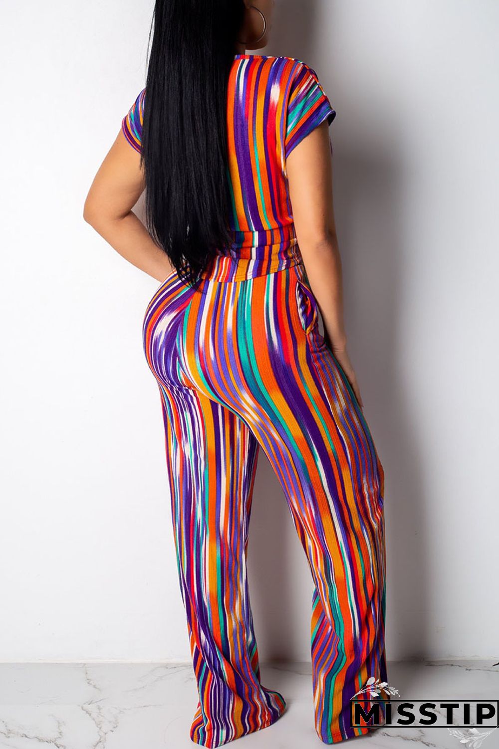 Multicolor Casual Street Striped Print Bandage Patchwork O Neck Short Sleeve Two Pieces