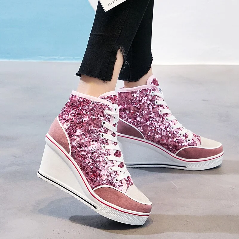 2020 Spring Autumn Women's Shoes Pink Black Silver Glitter Vulcanize Shoes Woman Platform Wedge Sneakers Casual Zapatos De Mujer