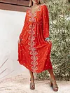 Retro Print V-Neck Loose Long Sleeve Empire Drawstring Casual Midi Dress