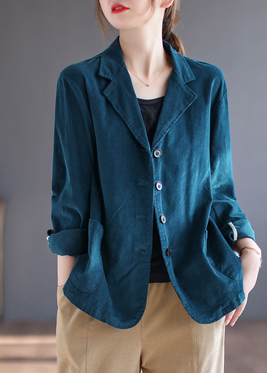 VCSHOES Blue PeterPan Collar Pockets Button Patchwork Fall Corduroy Coat