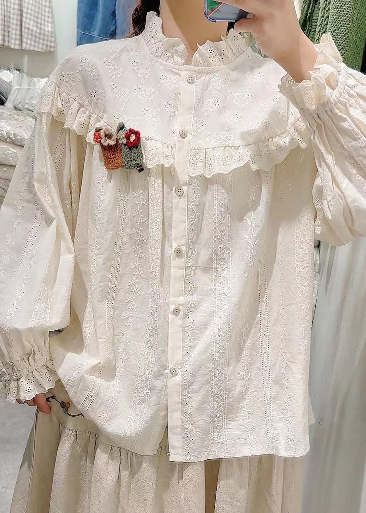 Women Beige Embroidered Hollow Out Cotton Blouse Spring