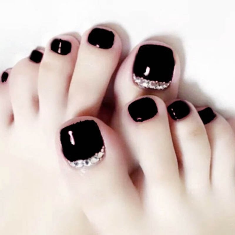 24pcs/box with glue Black fake Toenails press on Summer Style Foot Artificial Nail tips Full Cover Nails feet False Nails