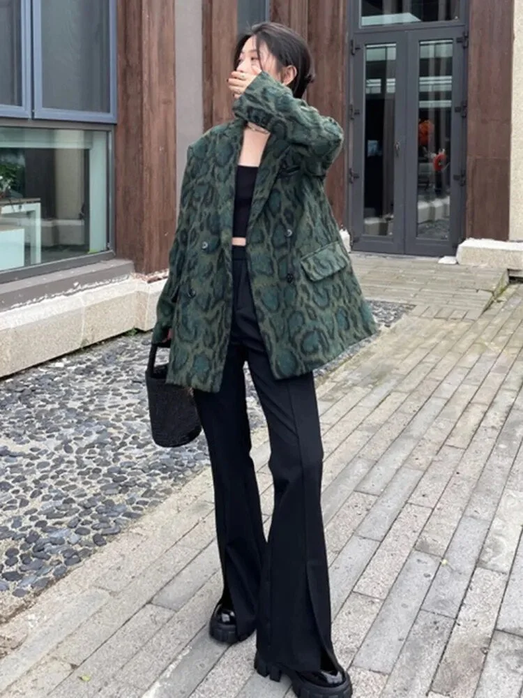 Oocharger Green Leopard Graphic Female Blazer Notched Long Sleeve Temperament Colorblock Loose Women's Coat 2023 Winter New