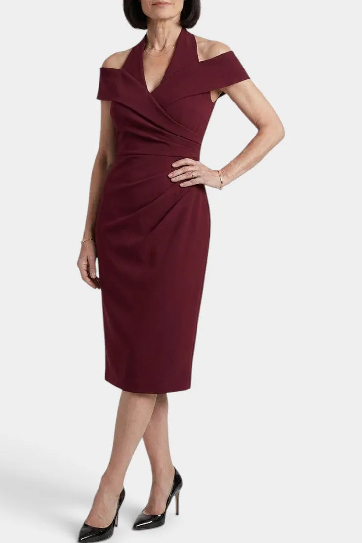 Structured Off-Shoulder Draped Midi Sheath Dress