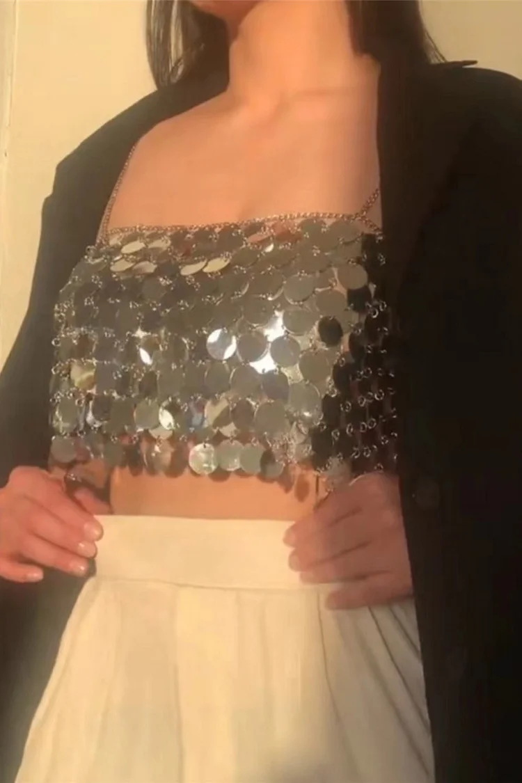 See-Through Cami Sequin Vest-Silver