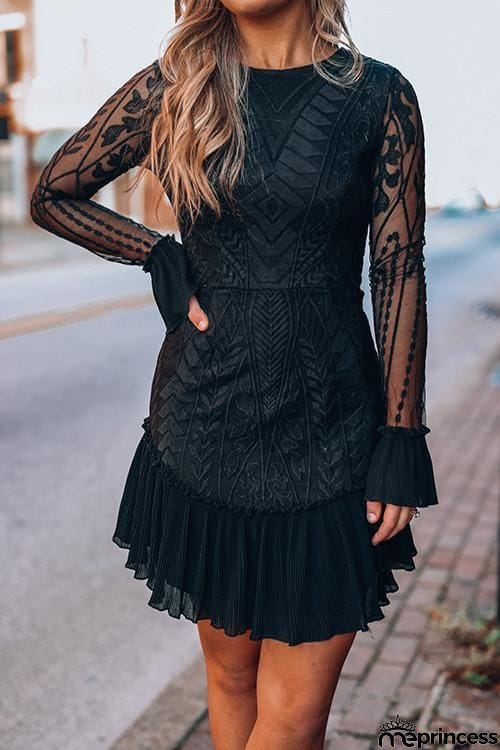 Lace Pleated Long Sleeve Ruffle Dress