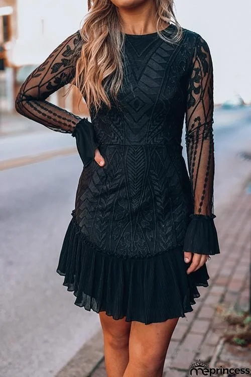 Lace Pleated Long Sleeve Ruffle Dress