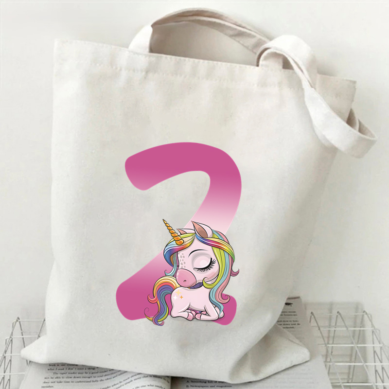 Statusupgame Cute Unicorn Alphabet Canvas Tote Bag Women Aesthetic Cartoon Shopping Bags Student Reusable Daily Shoulder Bag Unisex Handbags Women's shoulder bags