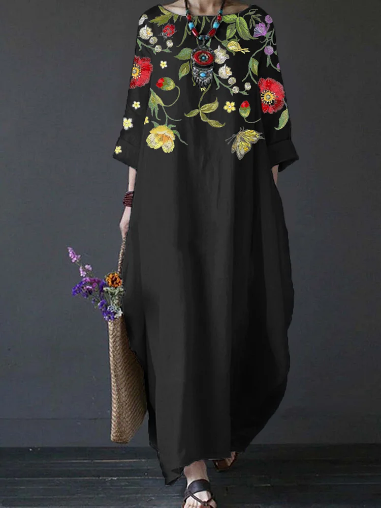 Vintage Floral Pattern Crew Neck Loose Maxi Dress