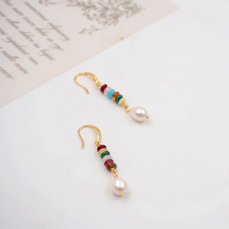 1 Pair Chinoiserie Casual Geometric Beaded Natural Stone Freshwater Pearl Copper Gold Plated Drop Earrings