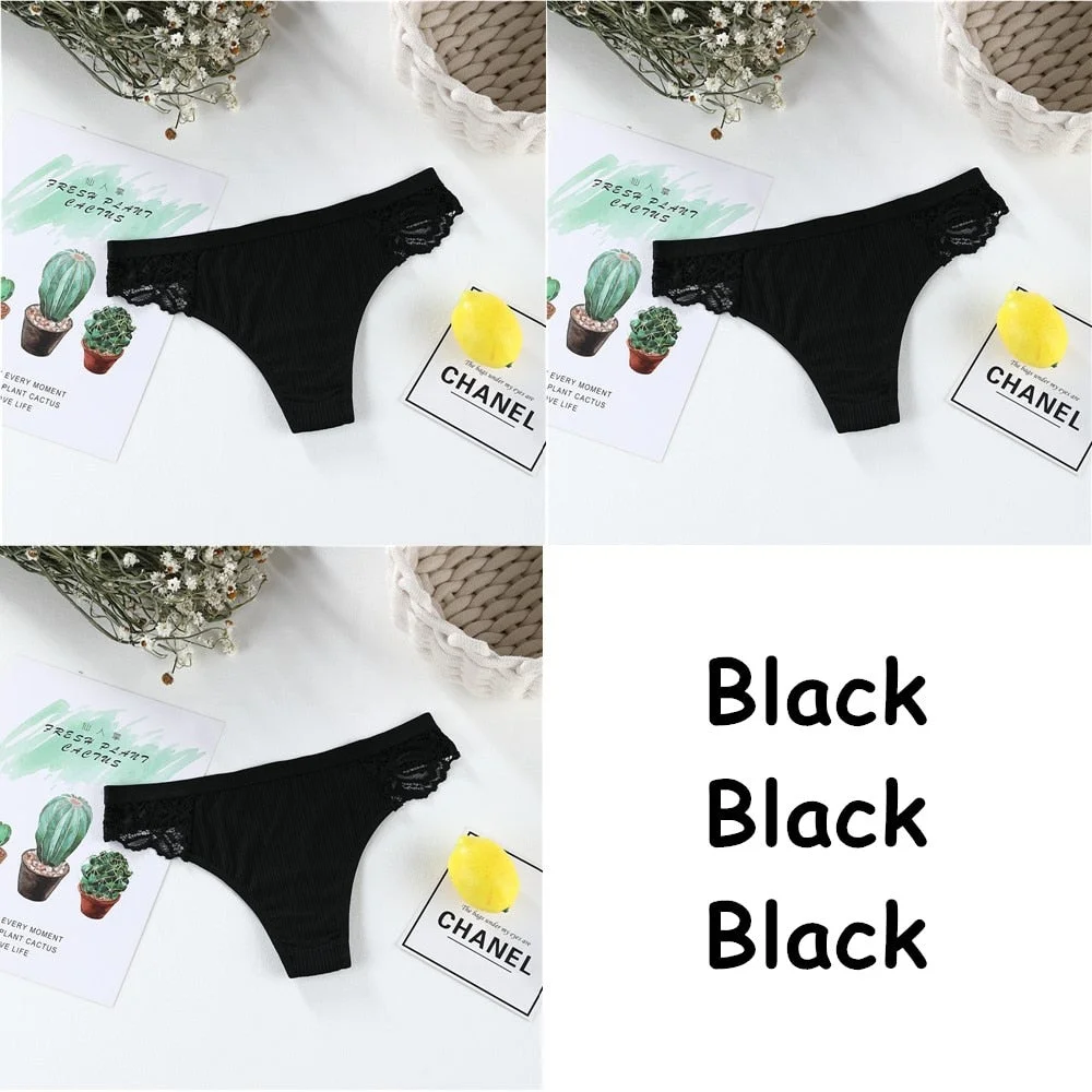 3pcs Sexy Women's Cotton G-String Thongs Panties Solid Lace Underwear Women Briefs Lingerie Underpants Ladies Low Rise Intimates