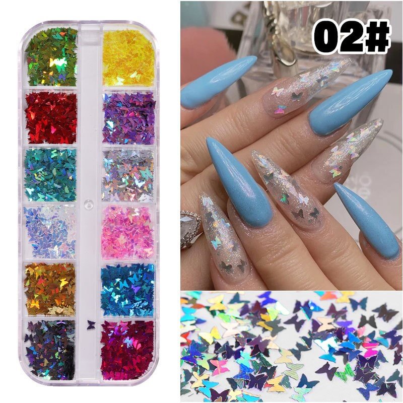 1 Box12 Grids Mixed Nail Art Deco Butterfly Patch Laser Symphony Star Butterfly Fluorescent DIY Nail Art Decoration Sequins