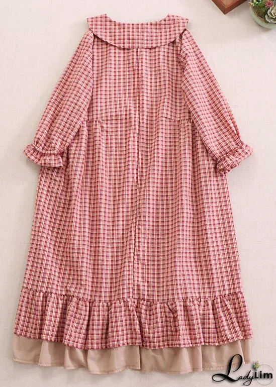 Beautiful Red Plaid Peter Pan Collar Ruffled Cotton Dresses Spring