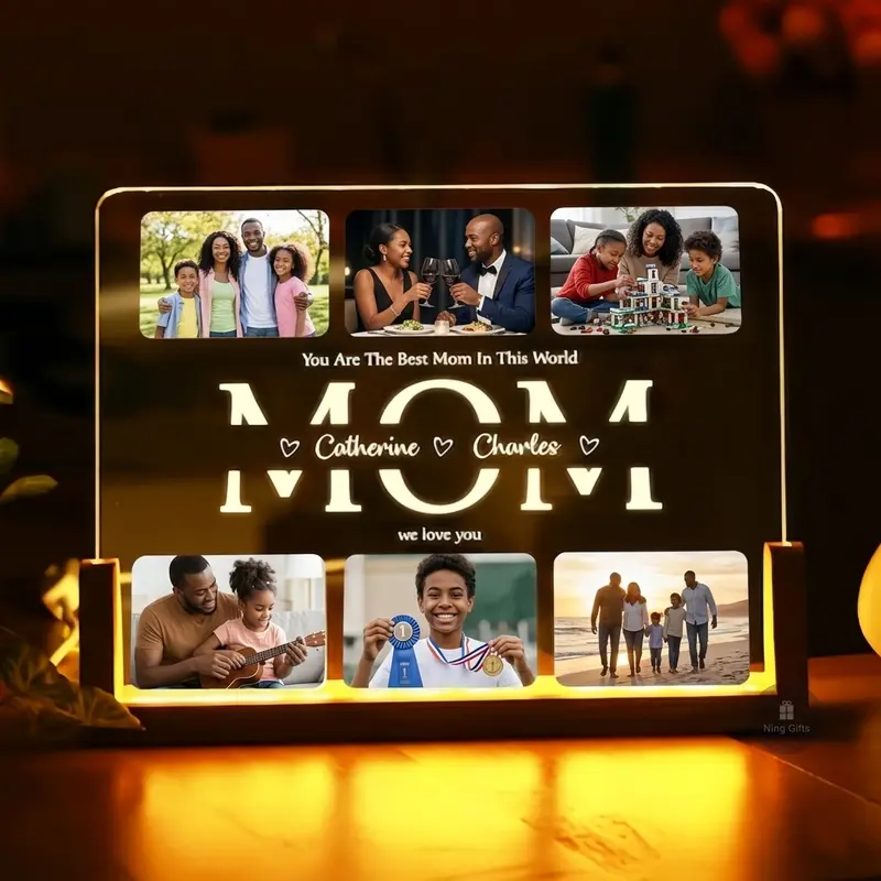 Custom MOM Picture Frame Night Light Personalized 6-Photo Plaque with Names | Mother&rsquo;s Day Gift, Bedside LED Decor