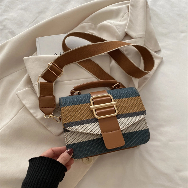 Women’s Pu Leather Stripe Classic Style Sewing Thread Square Magnetic Buckle Flip Cover Crossbody Bag