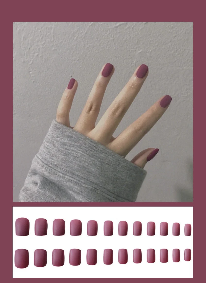 24pcs Dark Coffee Fake Nails Orange And Yellow Two-tone Matte Polish False Nail Patch Round Ballet Nail Tips Glue Wear Manicure-Nail Inspo