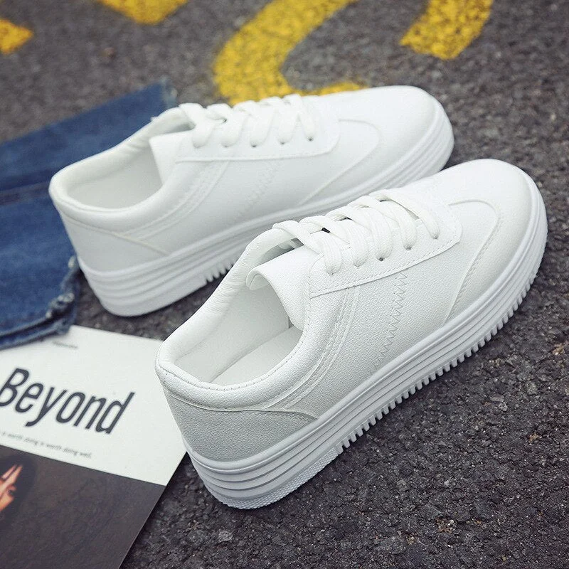 Fashion White Split Leather Women Chunky Sneakers White Shoes Lace Up Tenis Feminino Zapatos De Mujer Platform Women Casual Shoe