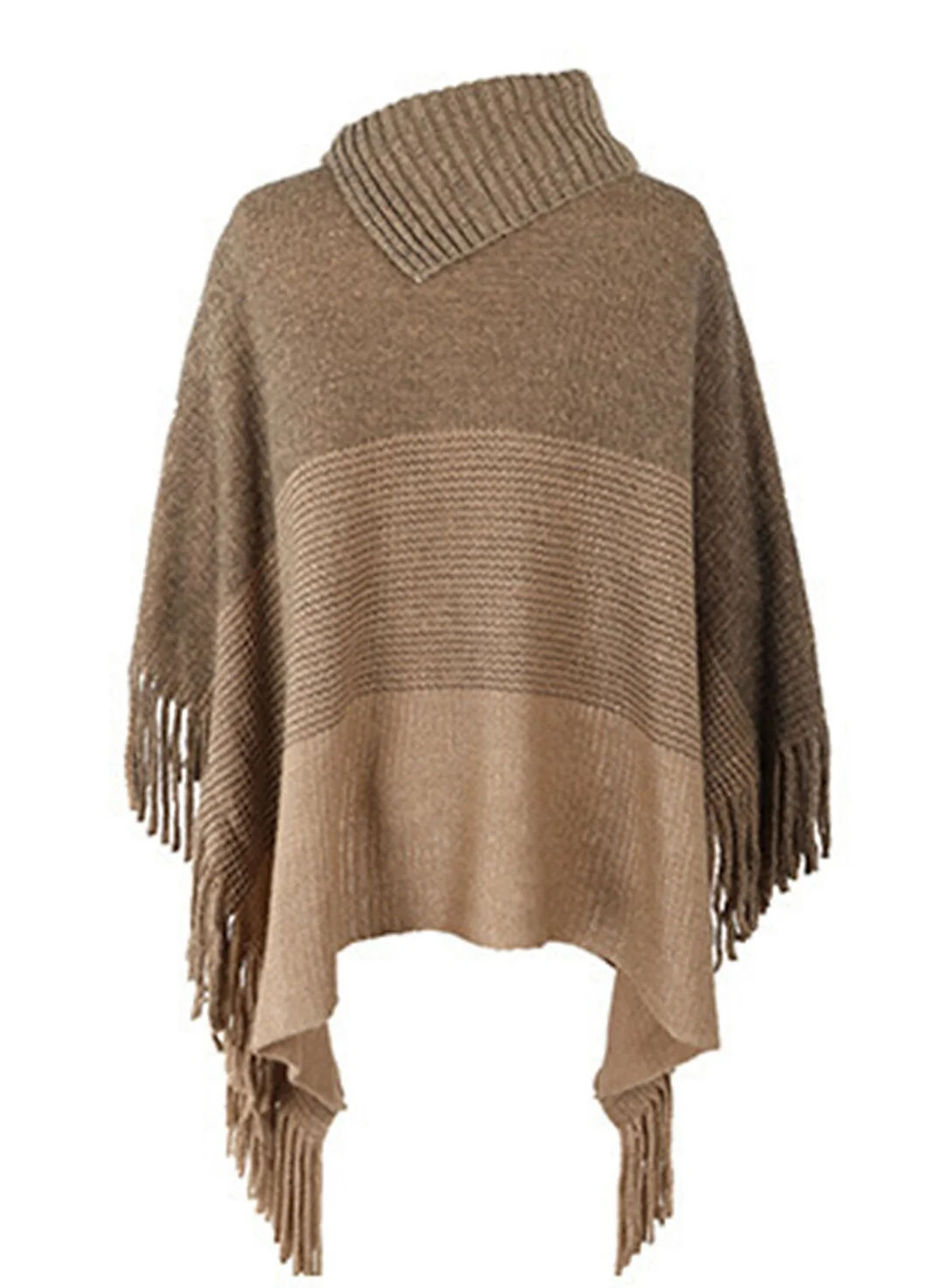 Women's Blouse Shirt Color Block Button Tassel Long Sleeve Casual Ponchos