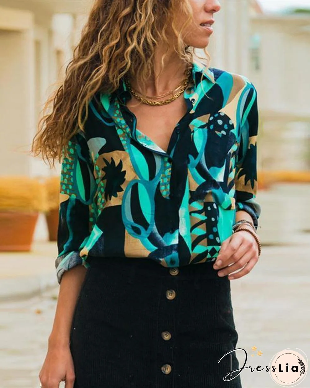 Women Fashion Lapel Long Sleeve Printed Chiffon Plus Size Blouses Tops