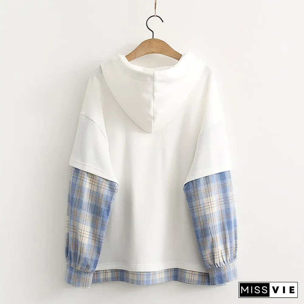 Cartoon Bear Charge Print Plaid Sleeve Hoodie
