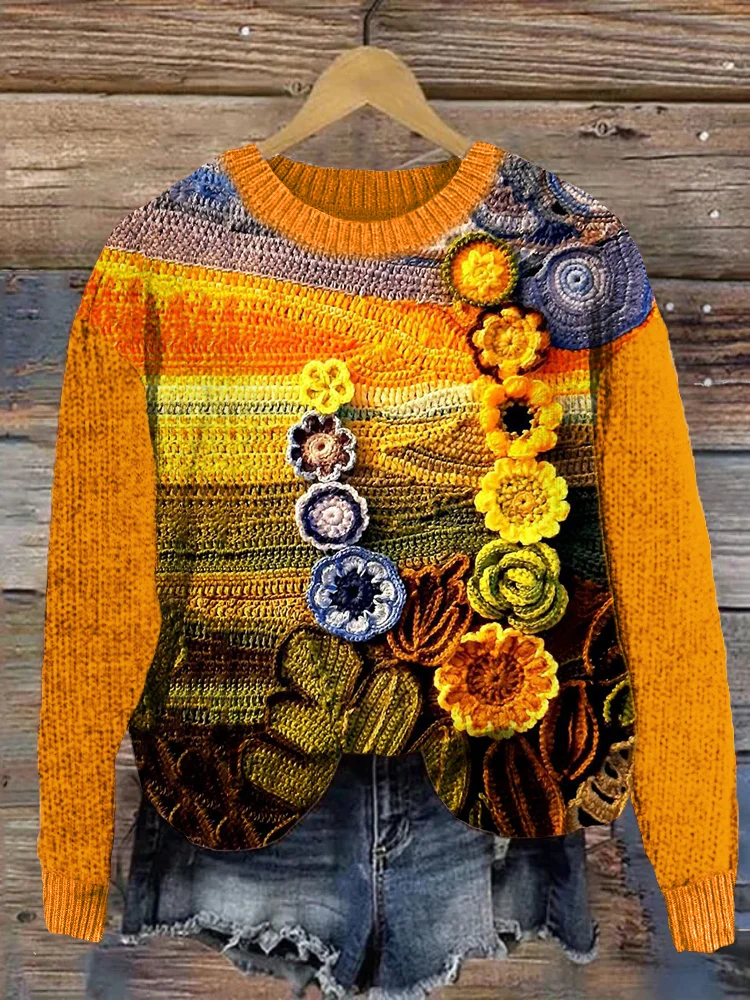 Sunset Flowers Crochet Art Cozy Knit Sweater