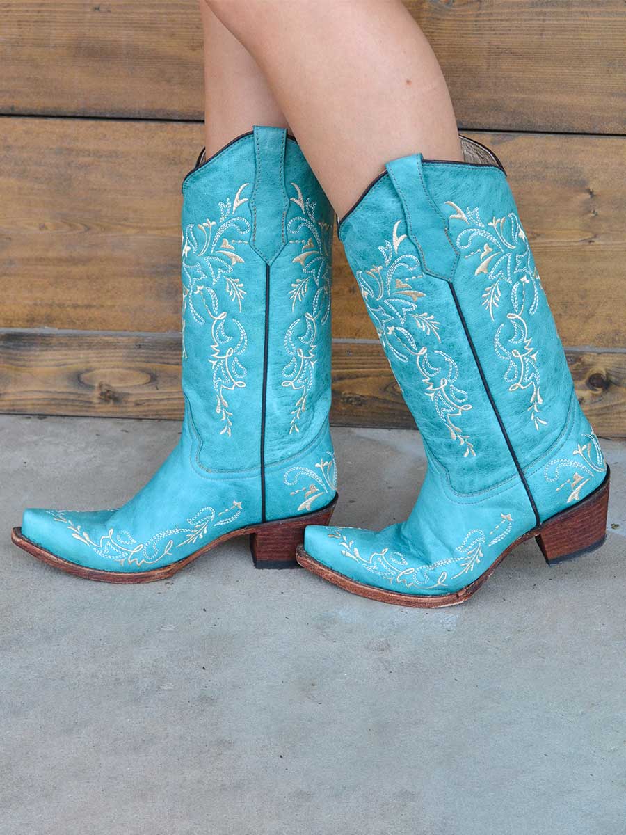 Blue Vegan Leather Snip Toe Embroidered Mid Calf Pull-On Cowgirl Boots