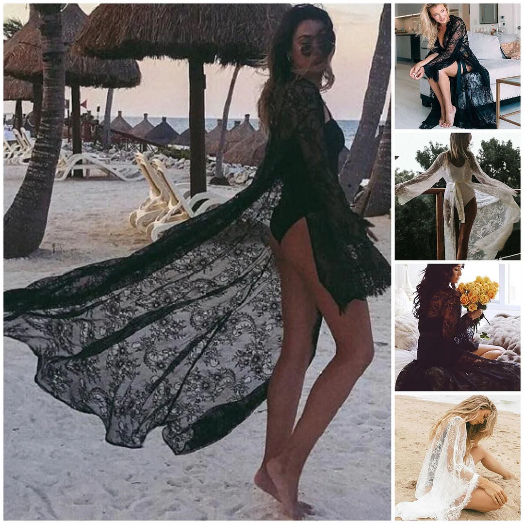 Women Lace Hollow Crochet Swimwear Bikini Long Sleeve Cover Up Beach Dress Sarongs Kaftan