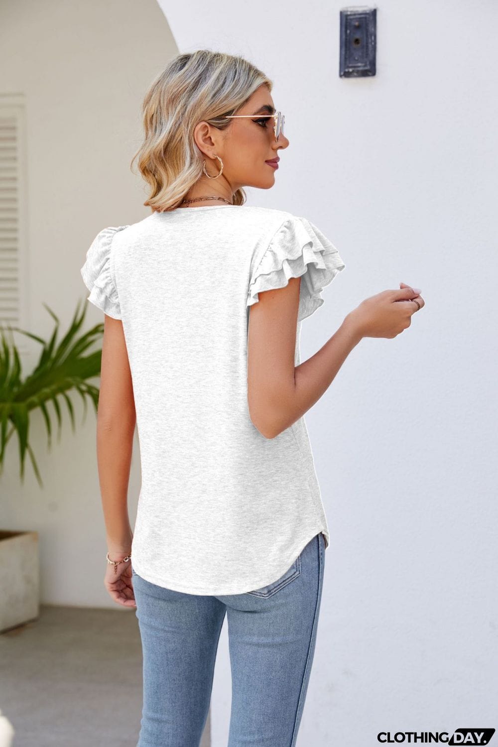 Smocked Flutter Sleeve V-Neck Top