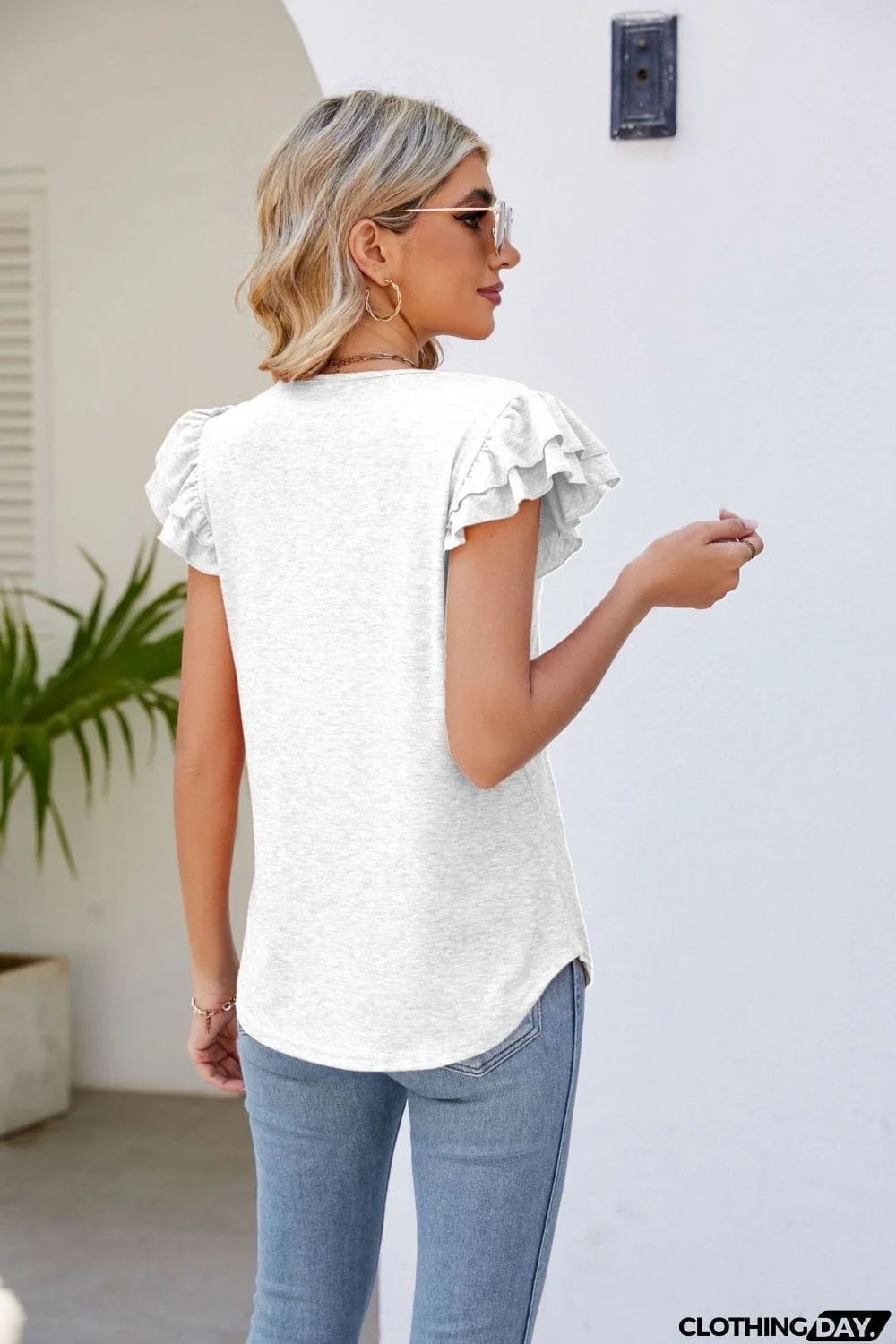 Smocked Flutter Sleeve V-Neck Top