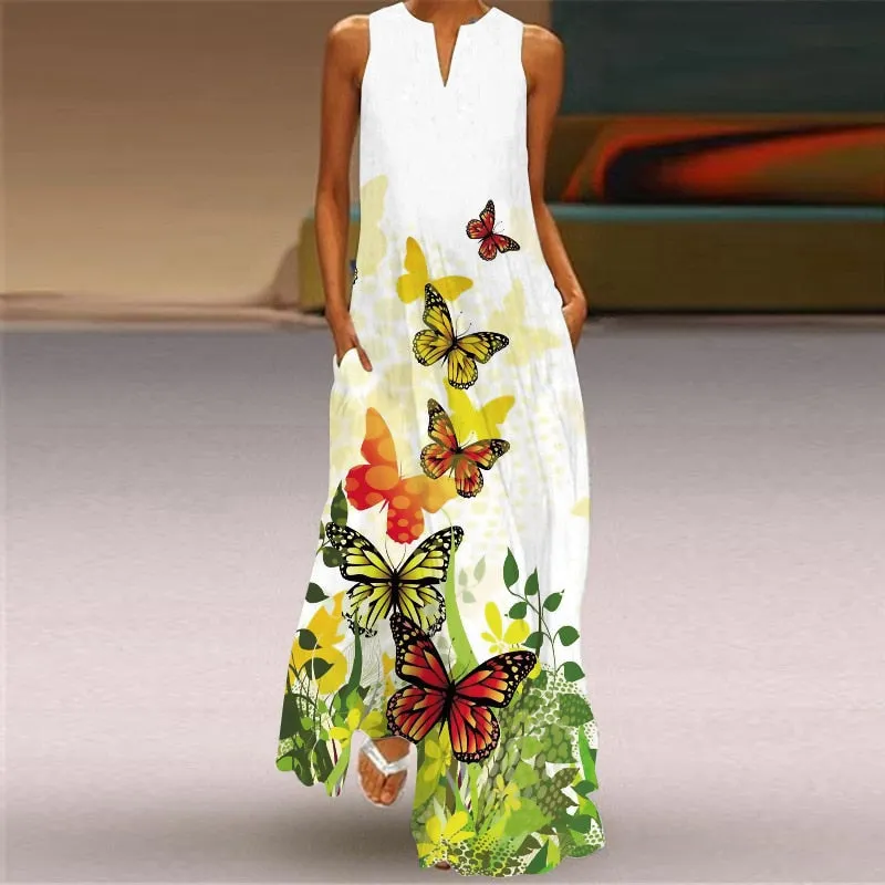 Bohemian Printed Sleeveless Maxi Dress Women Casual V-neck Robe Dresses Female Plus Size Beach Holiday Dress
