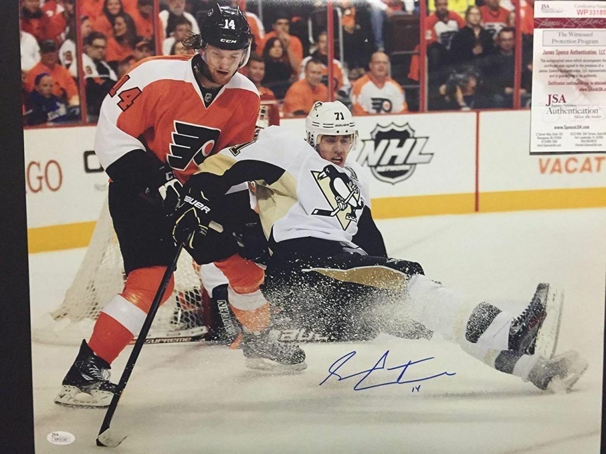 Autographed/Signed SEAN COUTURIER Flyers Vs Malkin 16x20 Hockey Photo Poster painting JSA COA