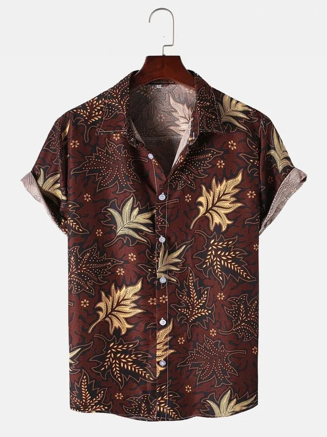Men's Tropical Plant Leaf Print Short Sleeve Cotton Blend Hawaiian Shirt