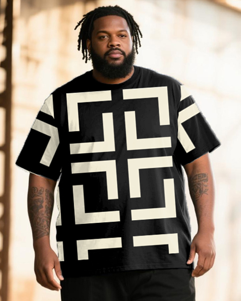 Big & Tall Men's Classic Khakis Black Geometric Print T-Shirt Pants Suit