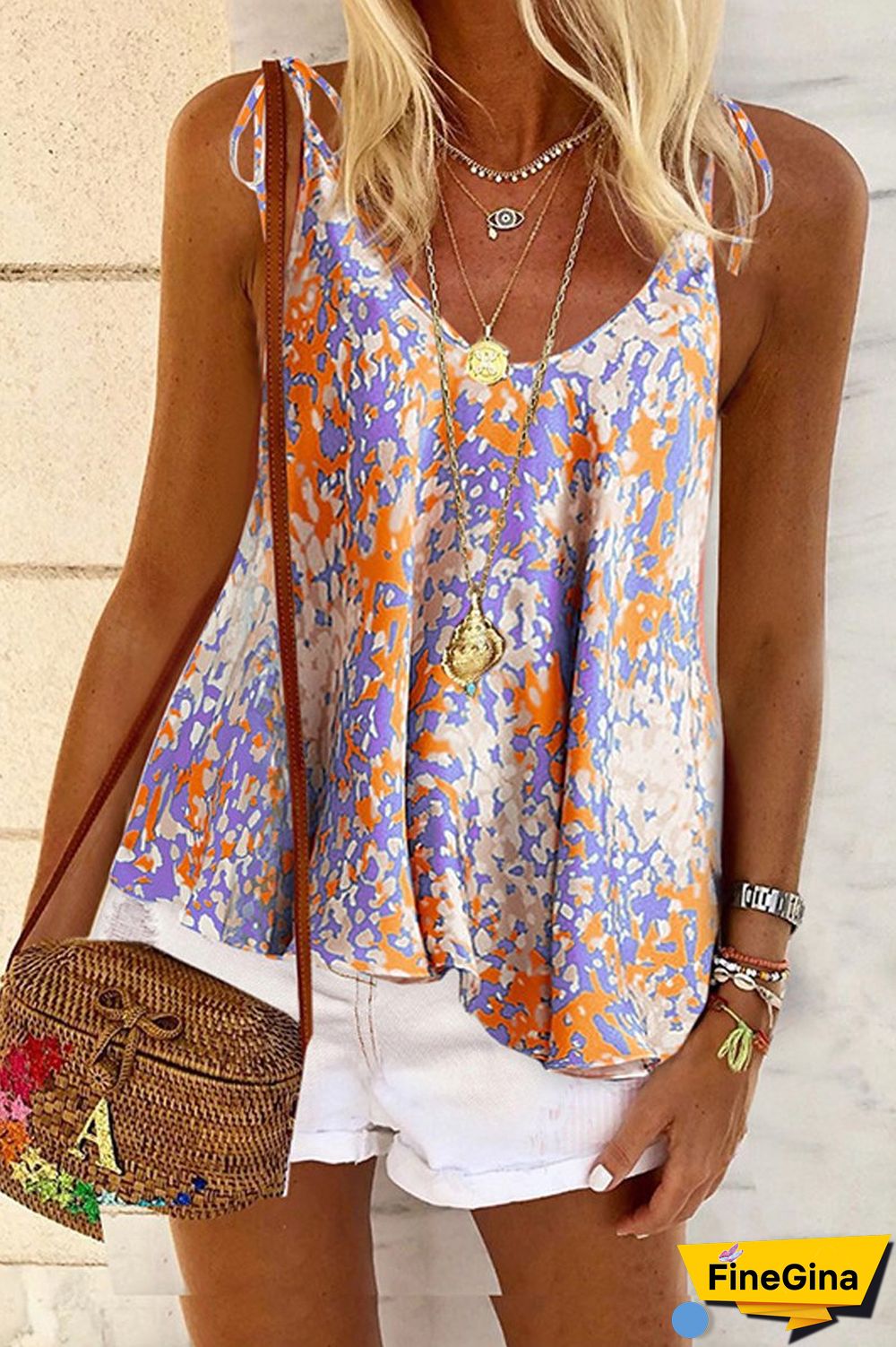 Lace Up Print Sleeveless Camisole