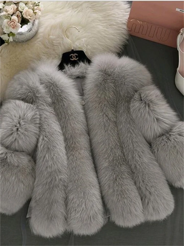 Women's Winter Coat Faux Fur Coat Warm Breathable Outdoor Daily Wear Vacation Going out Fur Collar Faux Fur Trim Zipper V Neck Ordinary Elegant Modern Plush Solid Color Regular Fit Outerwear Long-Cosfine