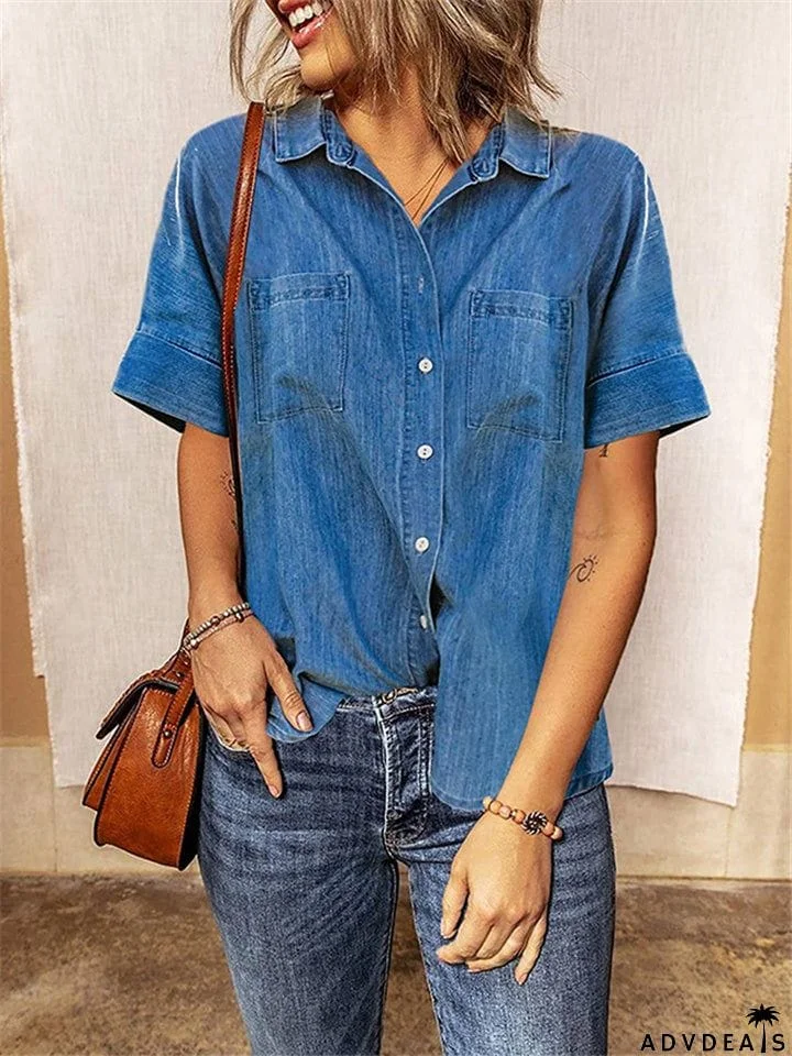 Loose Casual Straight Denim Short Sleeve Shirts