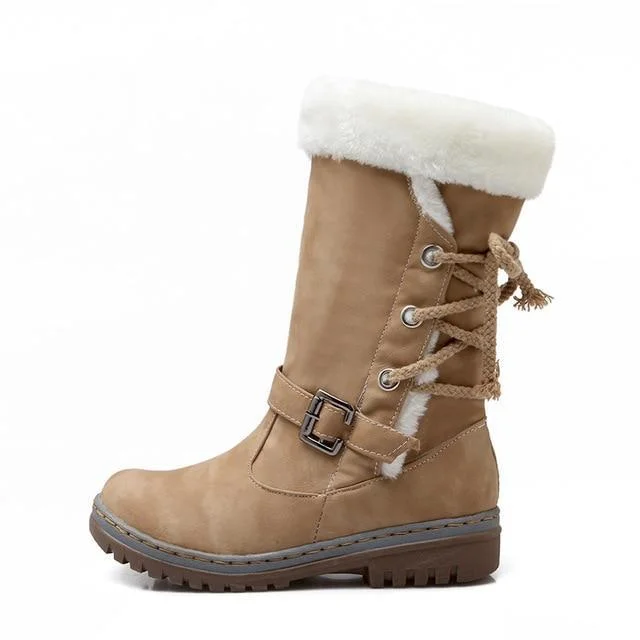 Women Leather Warm mid-calf Plush Fur Velvet Boots Booties Snow Shoes