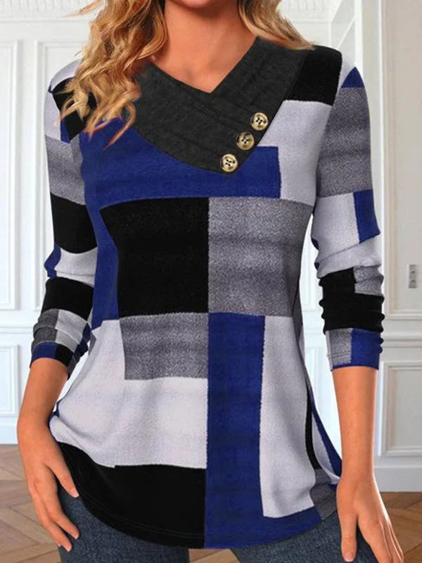Women plus size clothing Women's Stitching Plaid Solid Color V-neck Long Sleeve Top-Nordswear