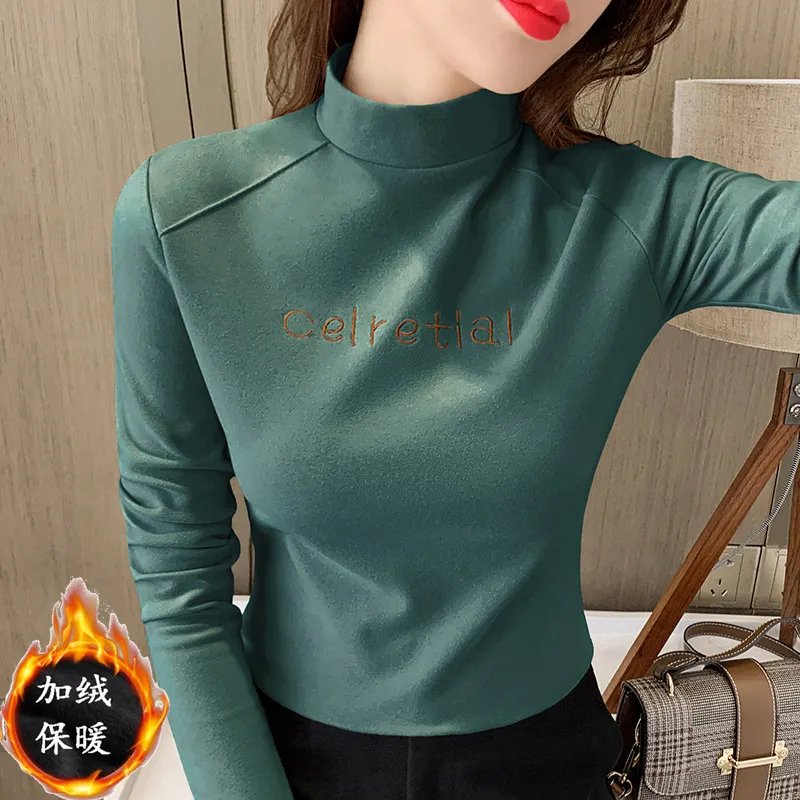Brownm Brownm Velvet Warm Half High Collar Bottom Shirt Female Autumn And Winter Inside The Versatile 2023 New Long-Sleeved T-Shirt Female Jacket Foreign Style