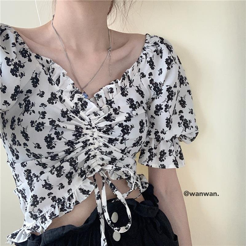 Summer Fashion Floral Ruffle Top Blouse Women V neck Chiffon Blouse Puff sleeve Lace Up Crop Top White Shirt Casual
